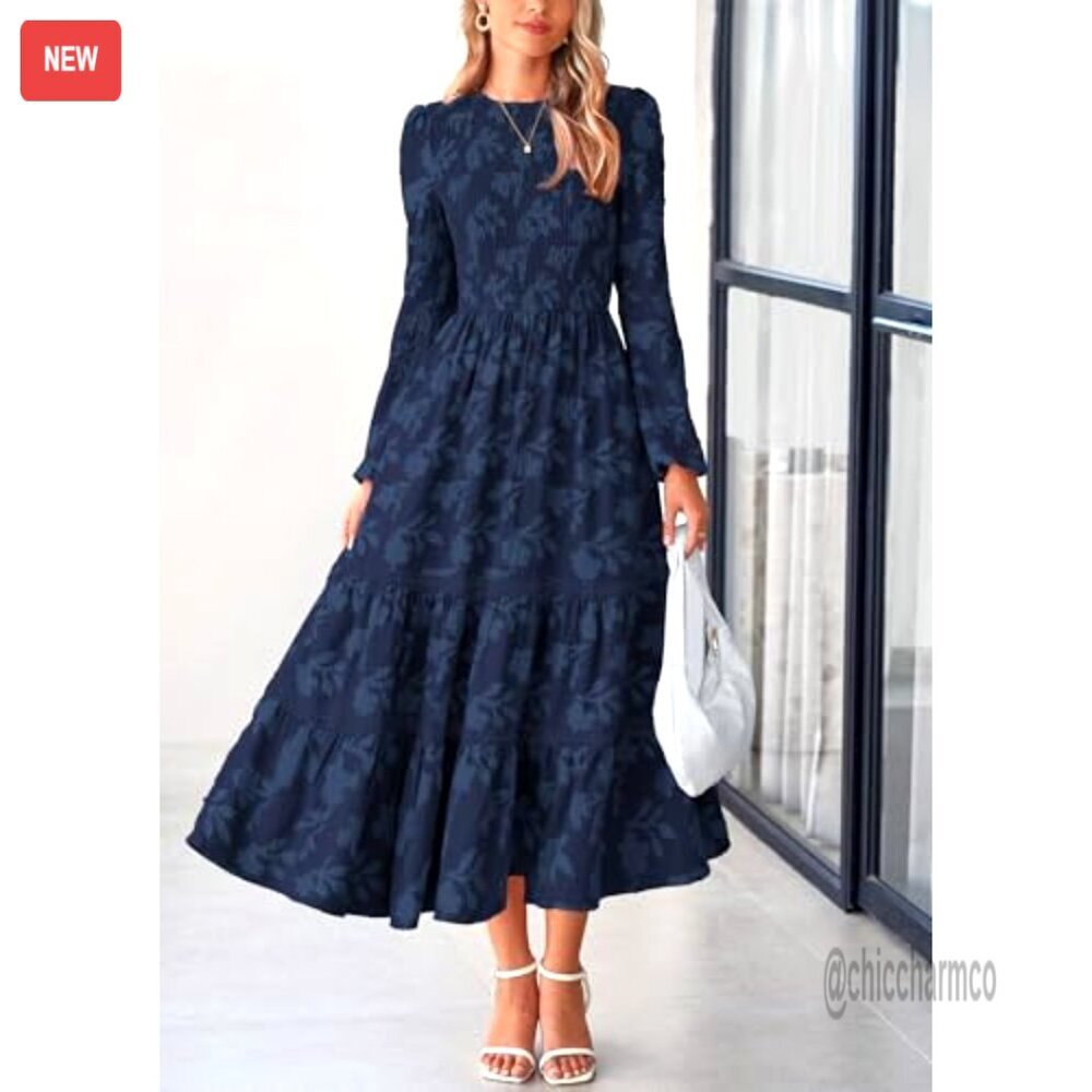 Long Sleeve Smocked Midi Dress, Floral Boho, Flowy Wedding Guest Dress - Picture 5 of 7